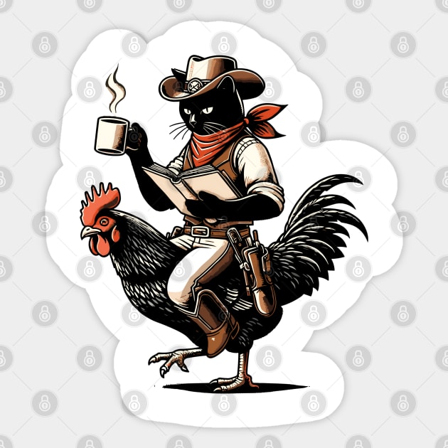 Cat Reading a Book And Drinking Coffee Riding Chicken Sticker by VisionDesigner